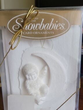Snowbabies Card Ornament - White Glitter Baby on Crescent Moon